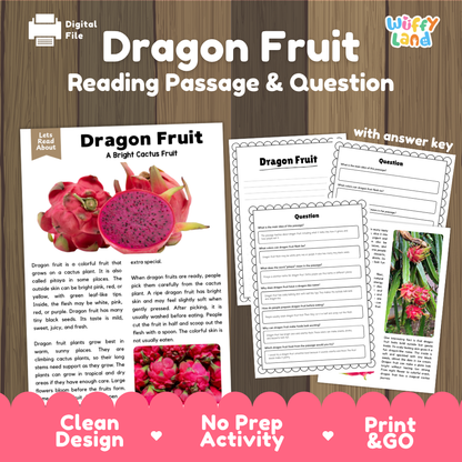 Dragon fruit reading comprehension passage and questions printable activity pack with answer key for elementary students