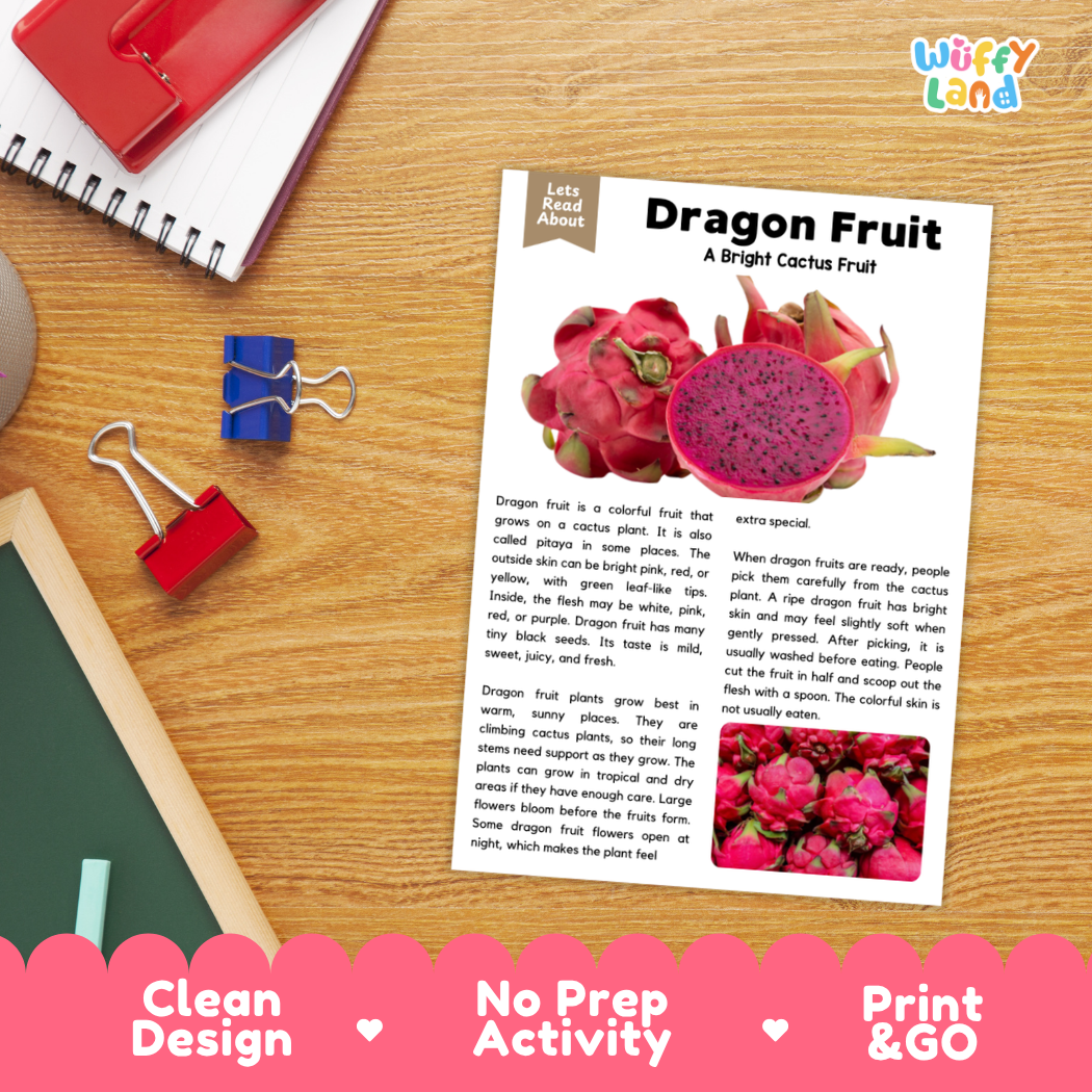 Student reading comprehension worksheet with short-answer questions and lined sections about the dragon fruit