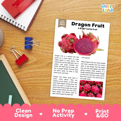 Student reading comprehension worksheet with short-answer questions and lined sections about the dragon fruit