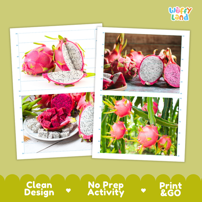 Printable activity sheets featuring photographic dragon fruit puzzle boards and cutting guides