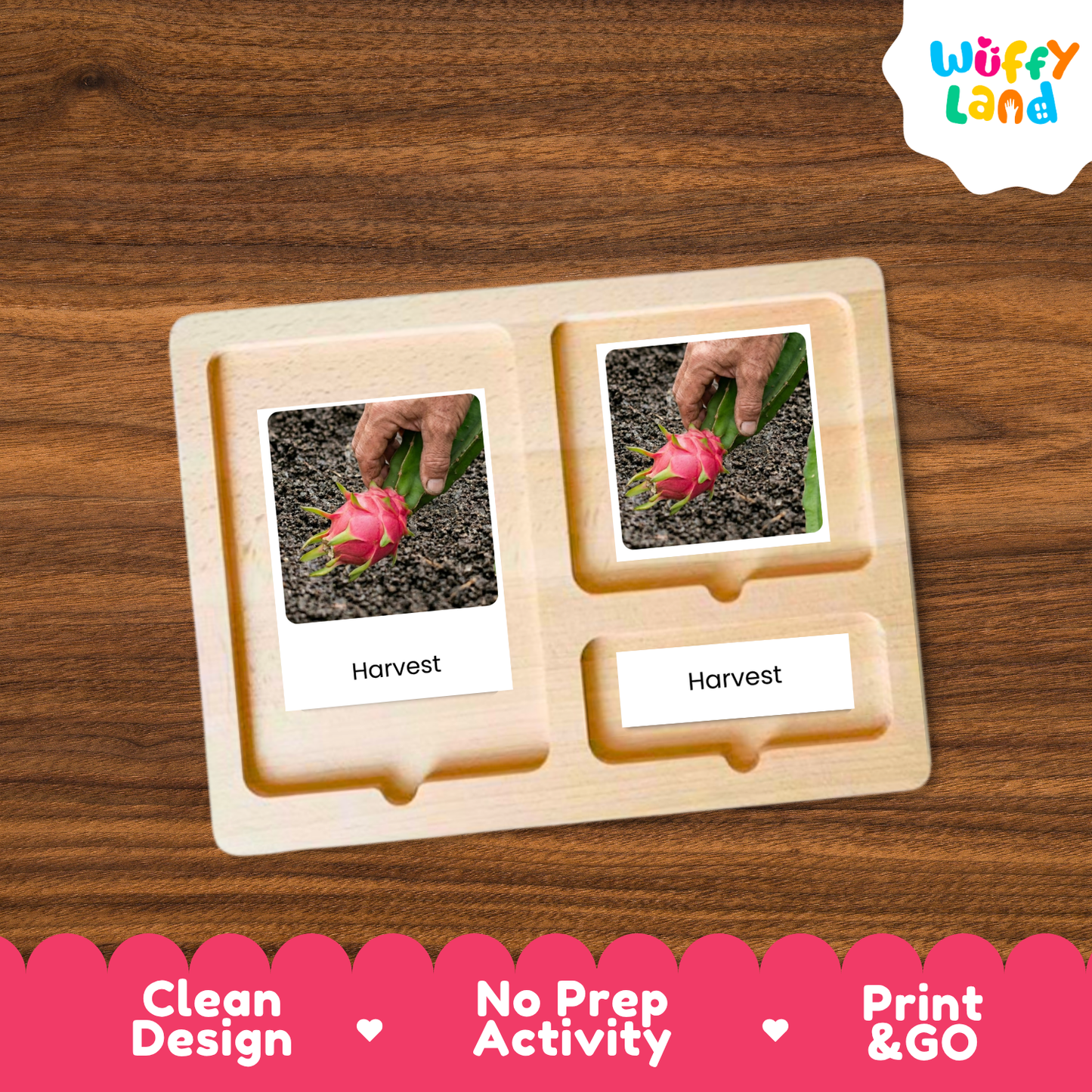 A wooden Montessori-style activity tray labeled 'Wuffy Land' on a brown wood-grain background. The tray has two compartments with printed photos of a hand harvesting a pink flower, plus two blank 'Harvest' labels.
