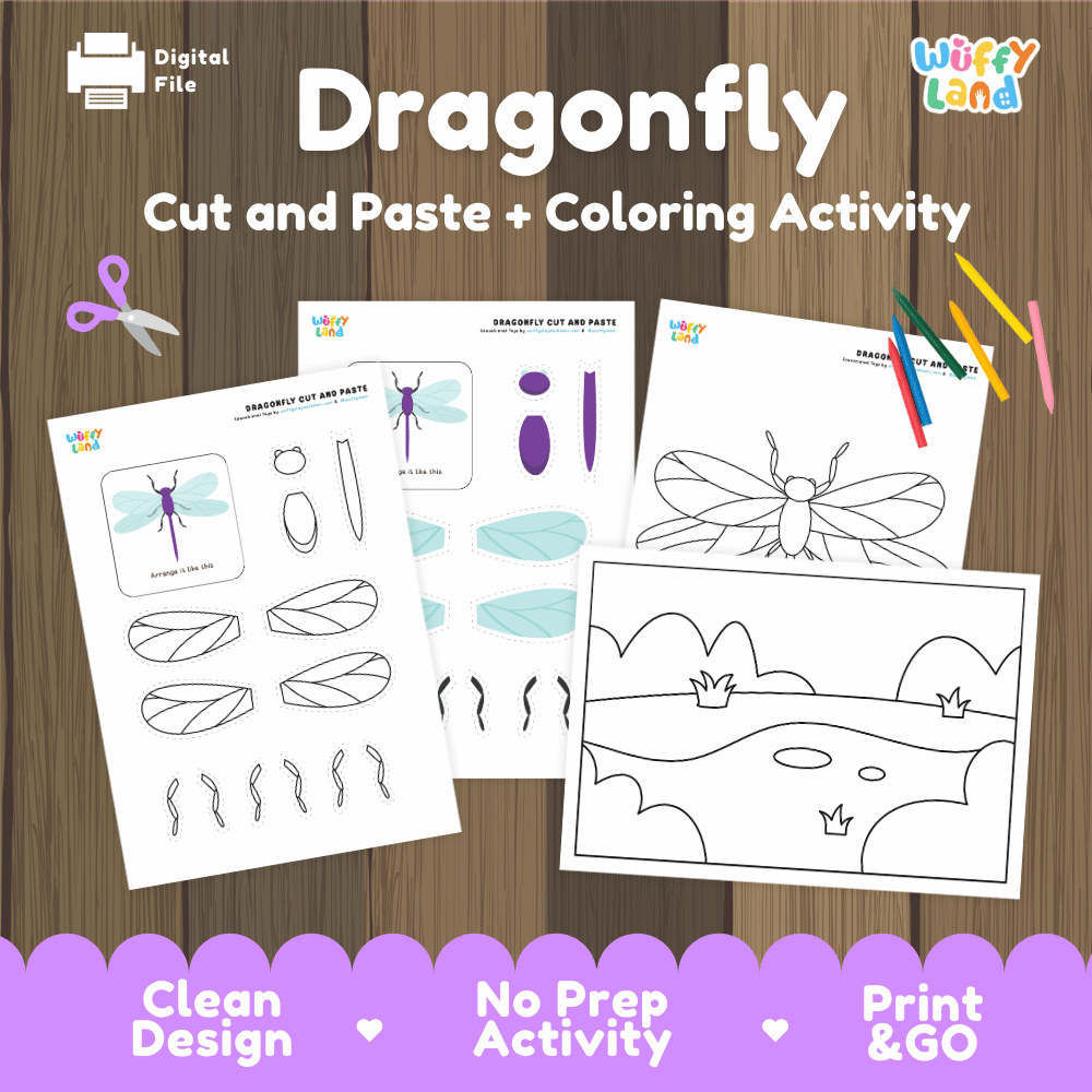 Dragonfly Cut and Paste Craft and Coloring Activity Worksheets