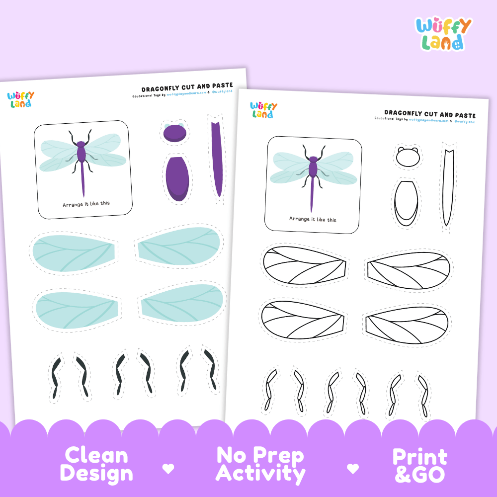 Dragonfly Cut and Paste Craft and Coloring Activity Worksheets