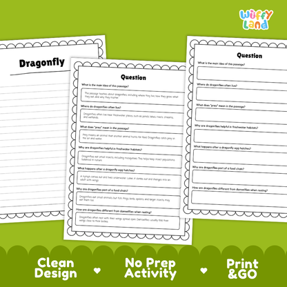 Three printable dragonfly worksheet pages with writing and reading activity questions, shown on a bright green background with the text 'Clean Design', 'No Prep Activity', and 'Print & GO'. The top right corner includes the 'Wiffly Land' logo.