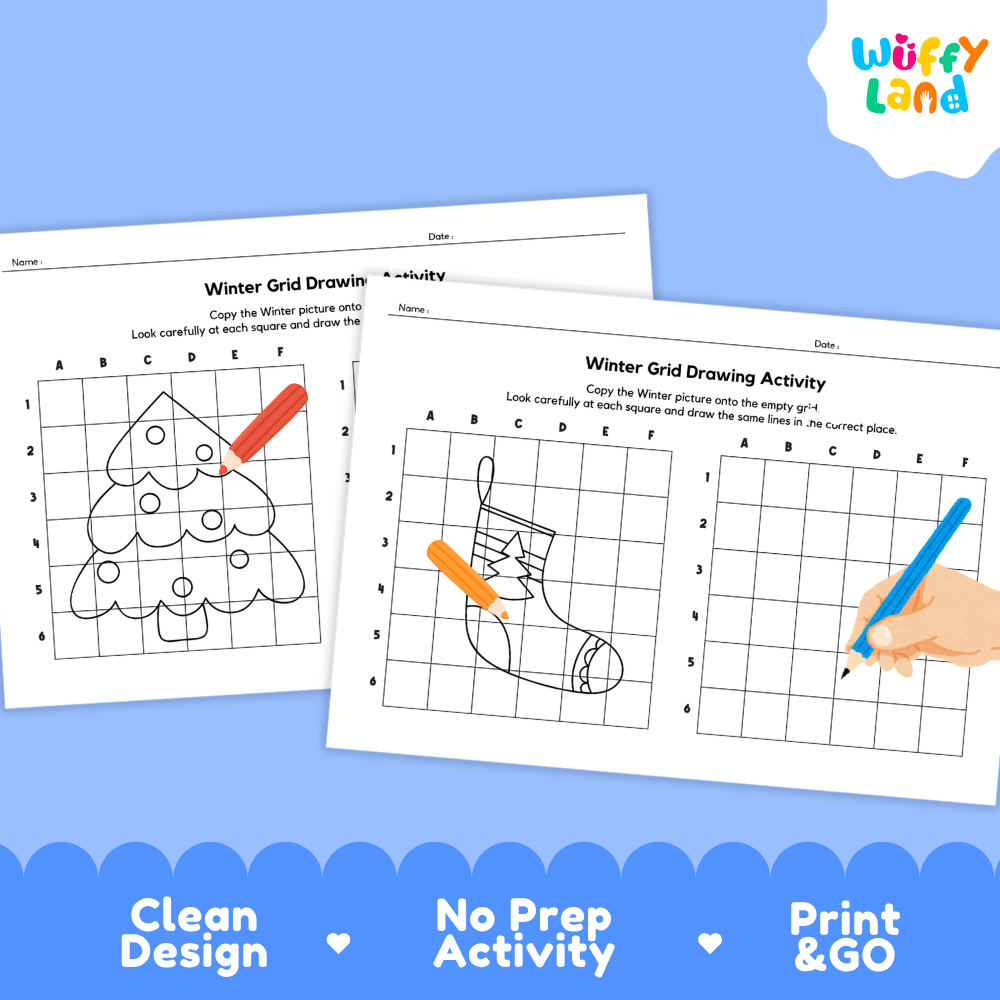 Winter Grid Drawing Activity Worksheets