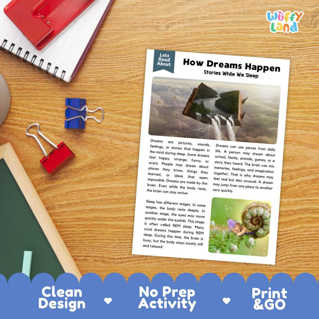 Printable student worksheet with short-answer reading comprehension questions covering dreams and brain science