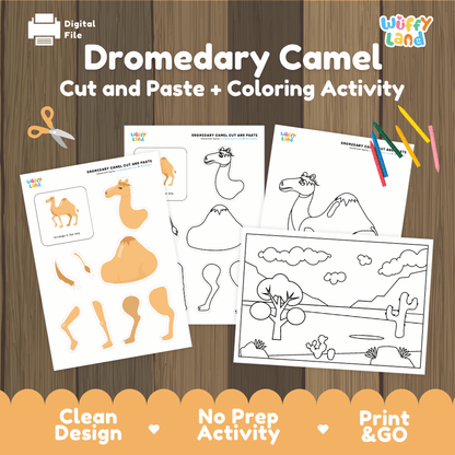 Dromedary Camel Cut and Paste Craft and Coloring Activity Worksheets