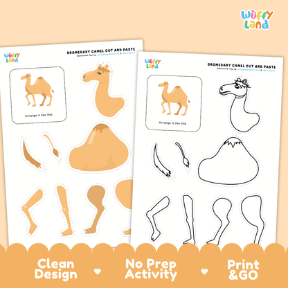 Dromedary Camel Cut and Paste Craft and Coloring Activity Worksheets