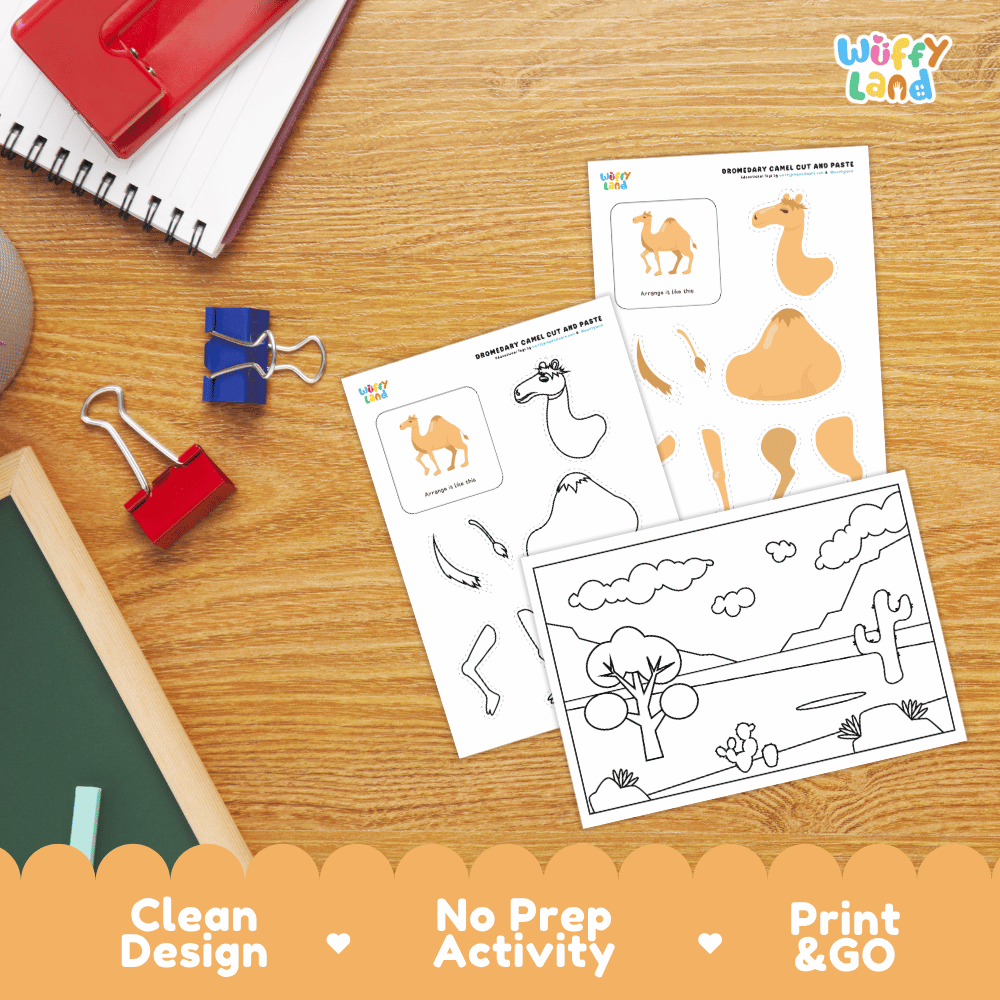 Dromedary Camel Cut and Paste Craft and Coloring Activity Worksheets