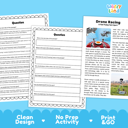 Drone Racing Sports Reading Passages Worksheets and Comprehension Activity