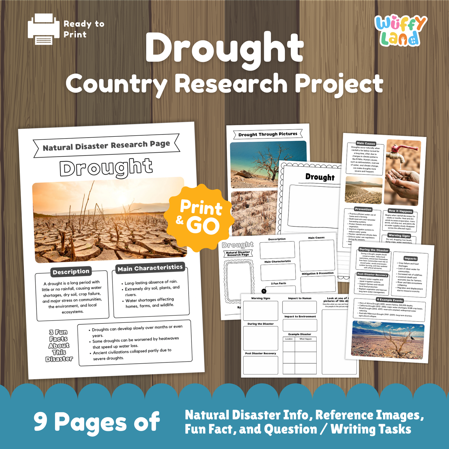 Printable drought research worksheets for kids, including a natural disaster research page with a cracked dry ground photo, description and main characteristics sections, fun facts box, and additional activity pages with diagrams, prompts, and images of drought effects.