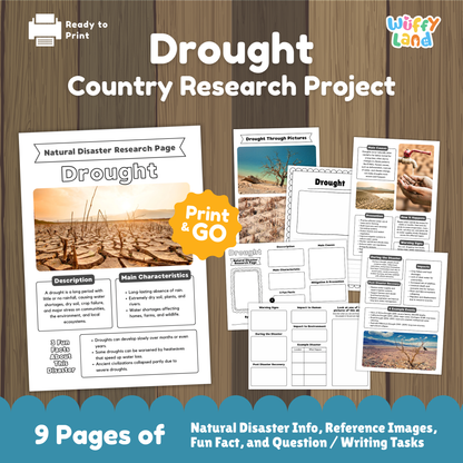 Printable drought research worksheets for kids, including a natural disaster research page with a cracked dry ground photo, description and main characteristics sections, fun facts box, and additional activity pages with diagrams, prompts, and images of drought effects.