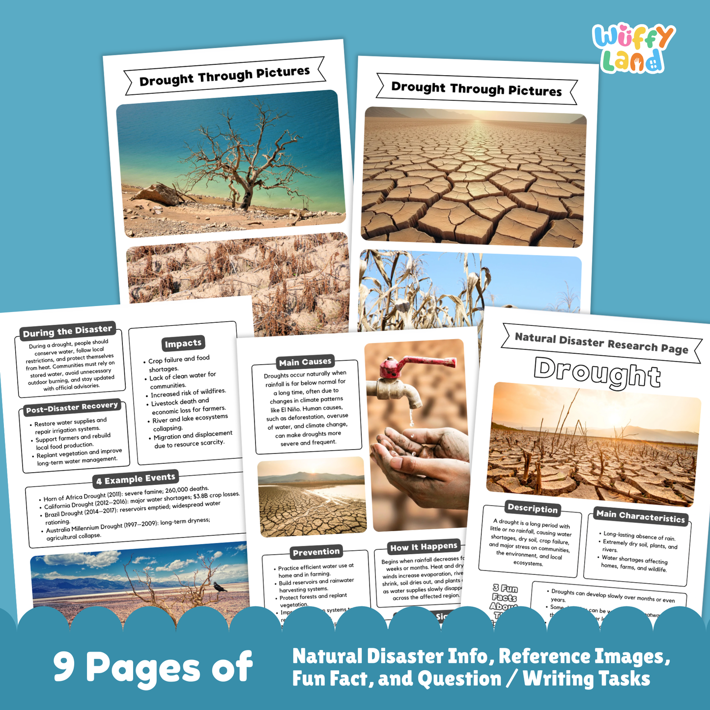 Printable drought research worksheets for kids, including a natural disaster research page with a cracked dry ground photo, description and main characteristics sections, fun facts box, and additional activity pages with diagrams, prompts, and images of drought effects.