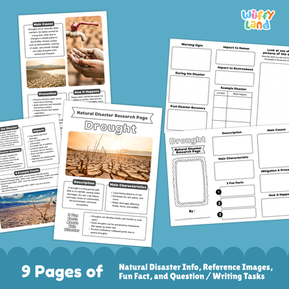 Printable drought research worksheets for kids, including a natural disaster research page with a cracked dry ground photo, description and main characteristics sections, fun facts box, and additional activity pages with diagrams, prompts, and images of drought effects.