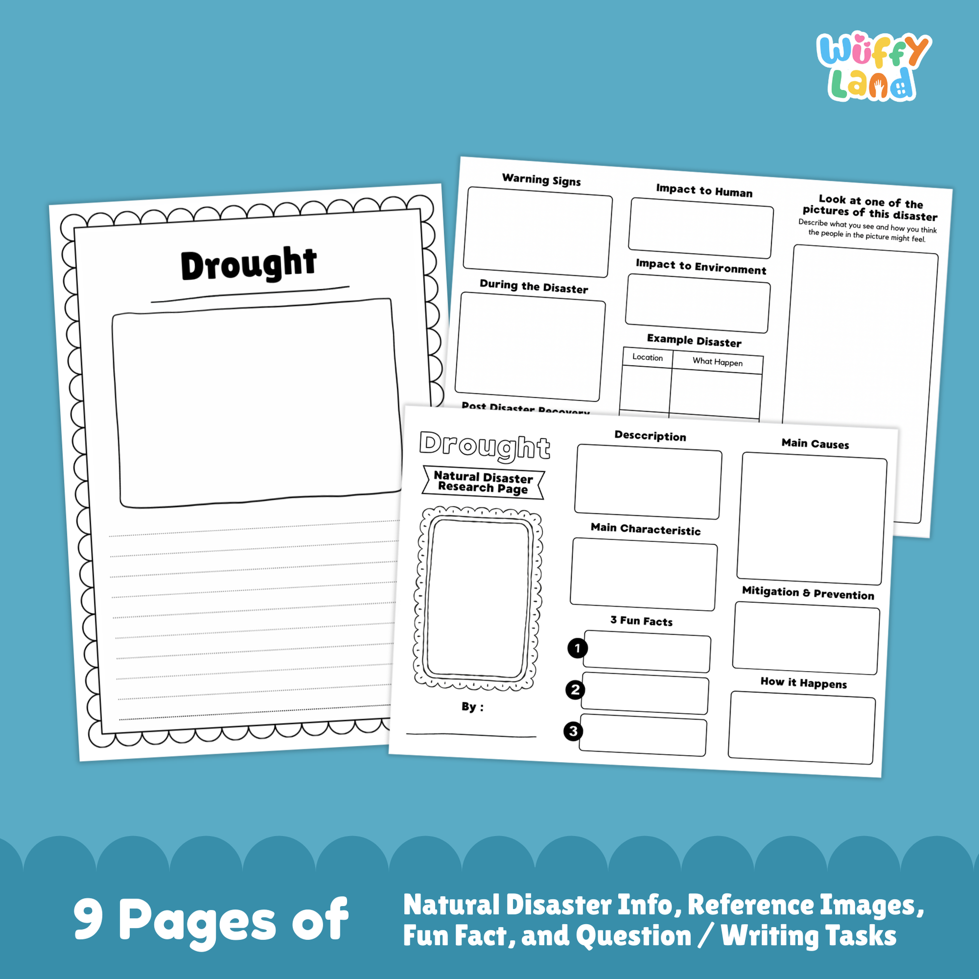 Printable drought research worksheets for kids, including a natural disaster research page with a cracked dry ground photo, description and main characteristics sections, fun facts box, and additional activity pages with diagrams, prompts, and images of drought effects.