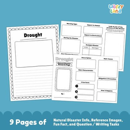 Printable drought research worksheets for kids, including a natural disaster research page with a cracked dry ground photo, description and main characteristics sections, fun facts box, and additional activity pages with diagrams, prompts, and images of drought effects.