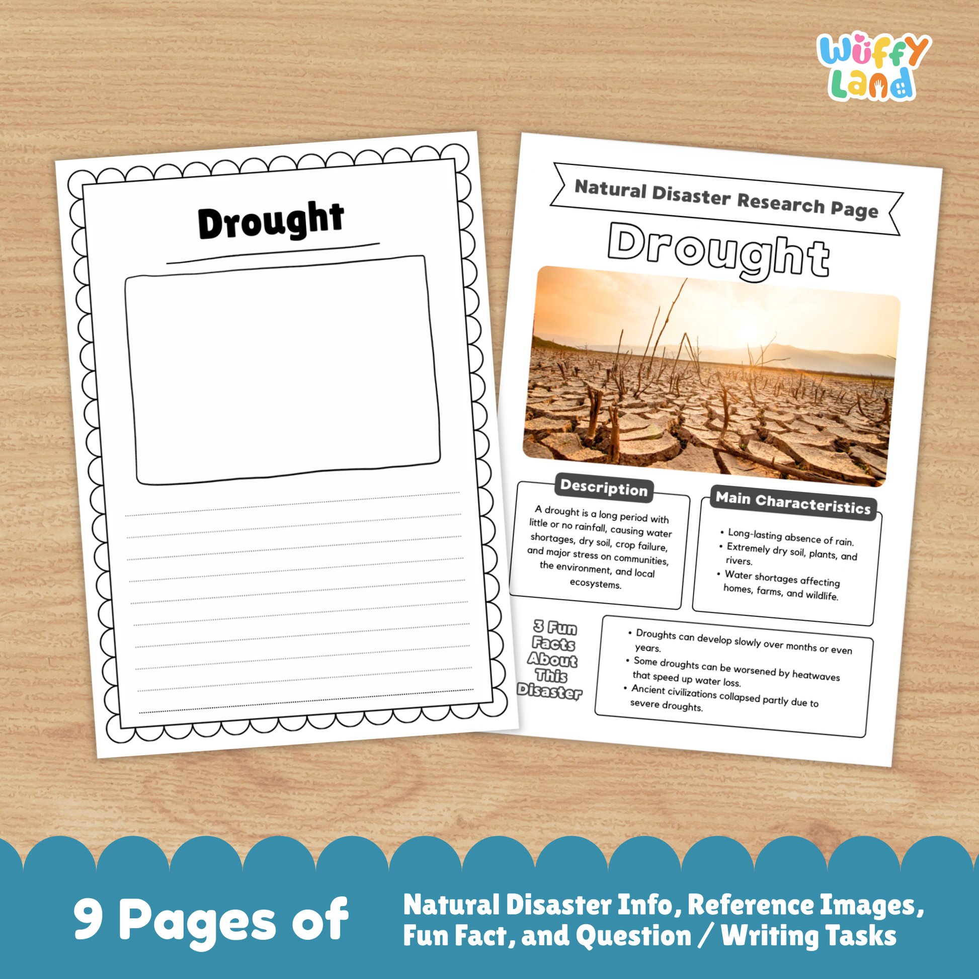 Printable drought research worksheets for kids, including a natural disaster research page with a cracked dry ground photo, description and main characteristics sections, fun facts box, and additional activity pages with diagrams, prompts, and images of drought effects.