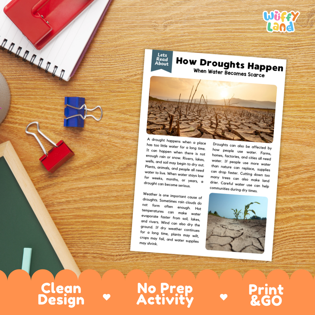 Printable student worksheet with short-answer reading comprehension questions covering drought science and water conservation