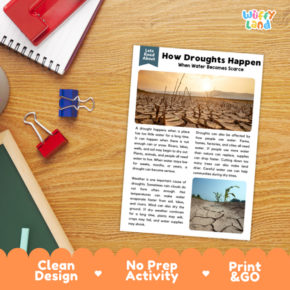Printable student worksheet with short-answer reading comprehension questions covering drought science and water conservation