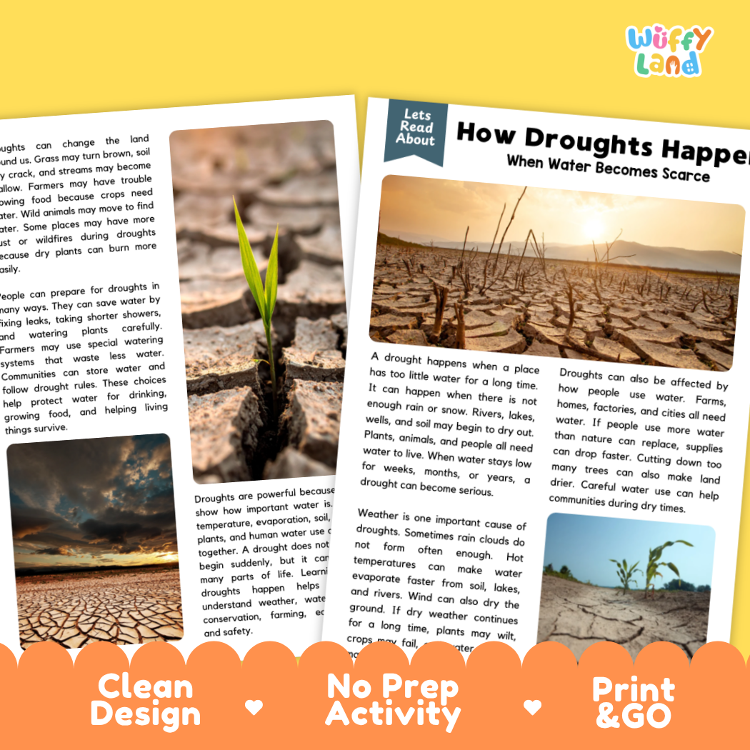 Complete teacher answer key worksheet providing detailed model responses for drought comprehension questions