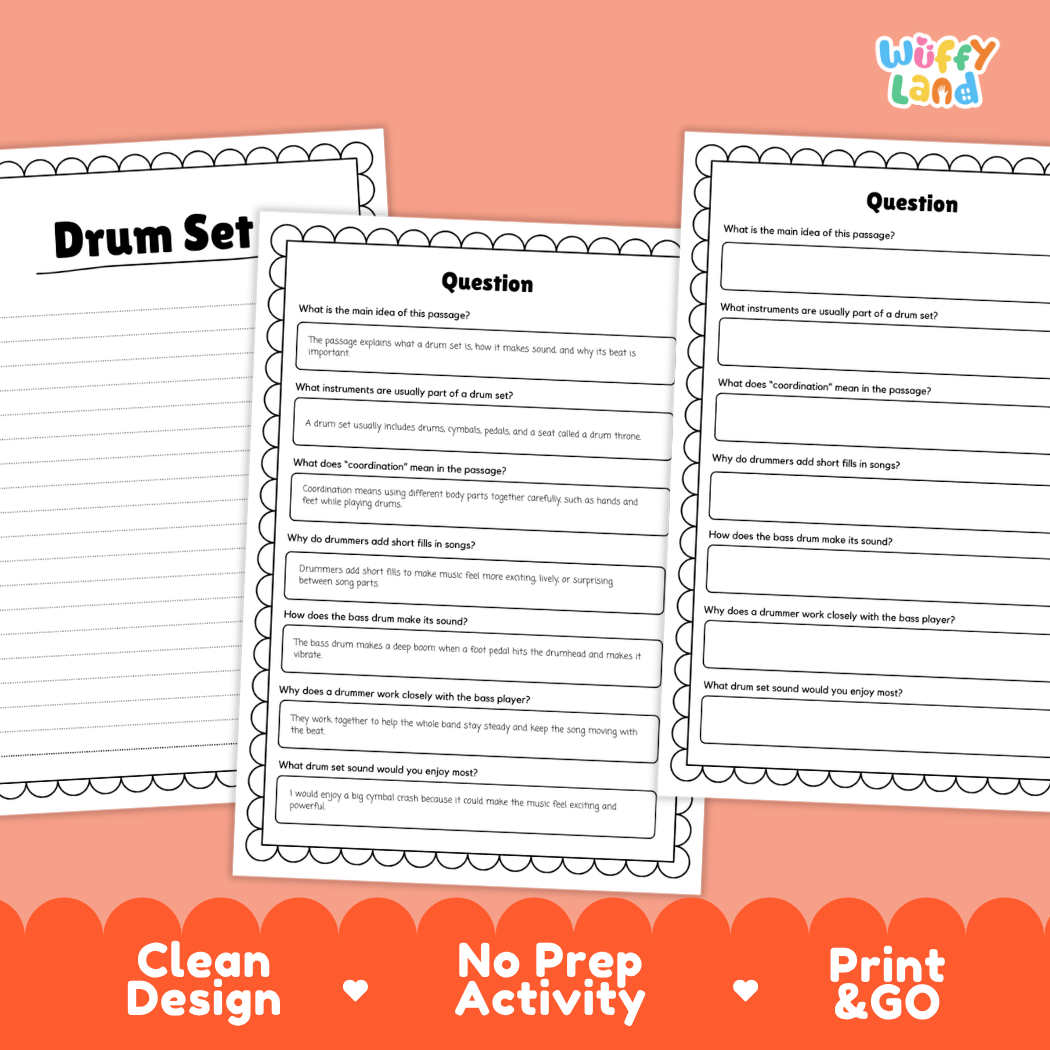 Informational reading passage page detailing the drum set percussion instrument drums cymbals pedals coordination and care with photos