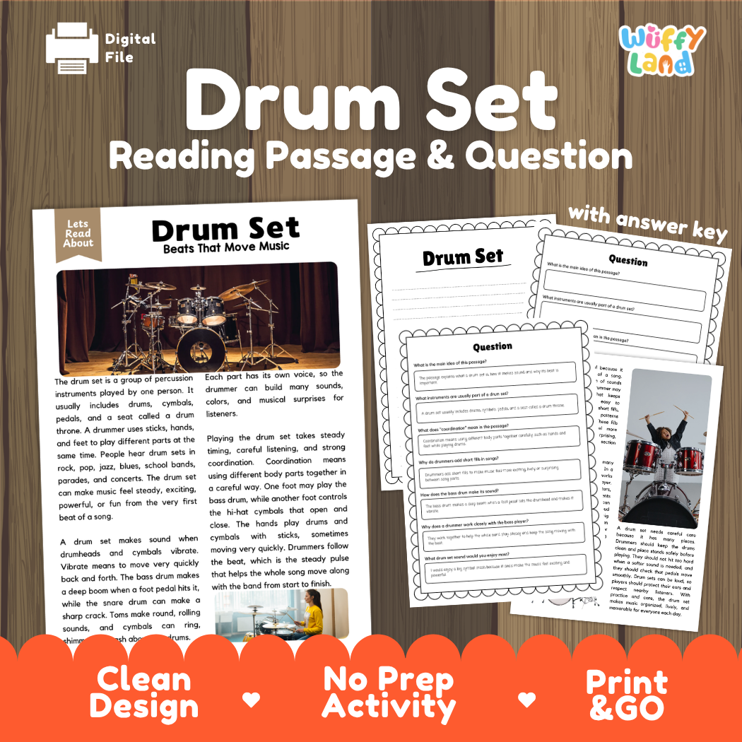 Drum Set reading comprehension passage and questions printable activity pack with answer key for elementary students