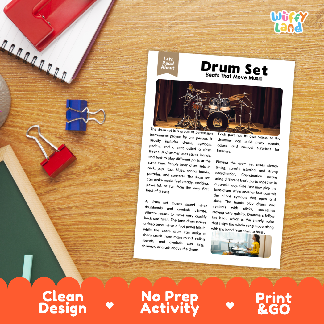 Student reading comprehension worksheet with short-answer questions and lined sections about the drum set instrument
