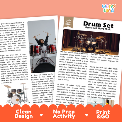 Teacher answer key page showing complete question solutions for Drum Set music education reading comprehension practice