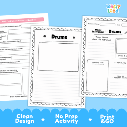 Drums Music Research Page Worksheets
