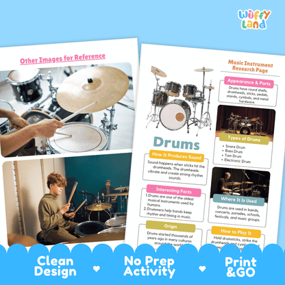 Drums Music Research Page Worksheets