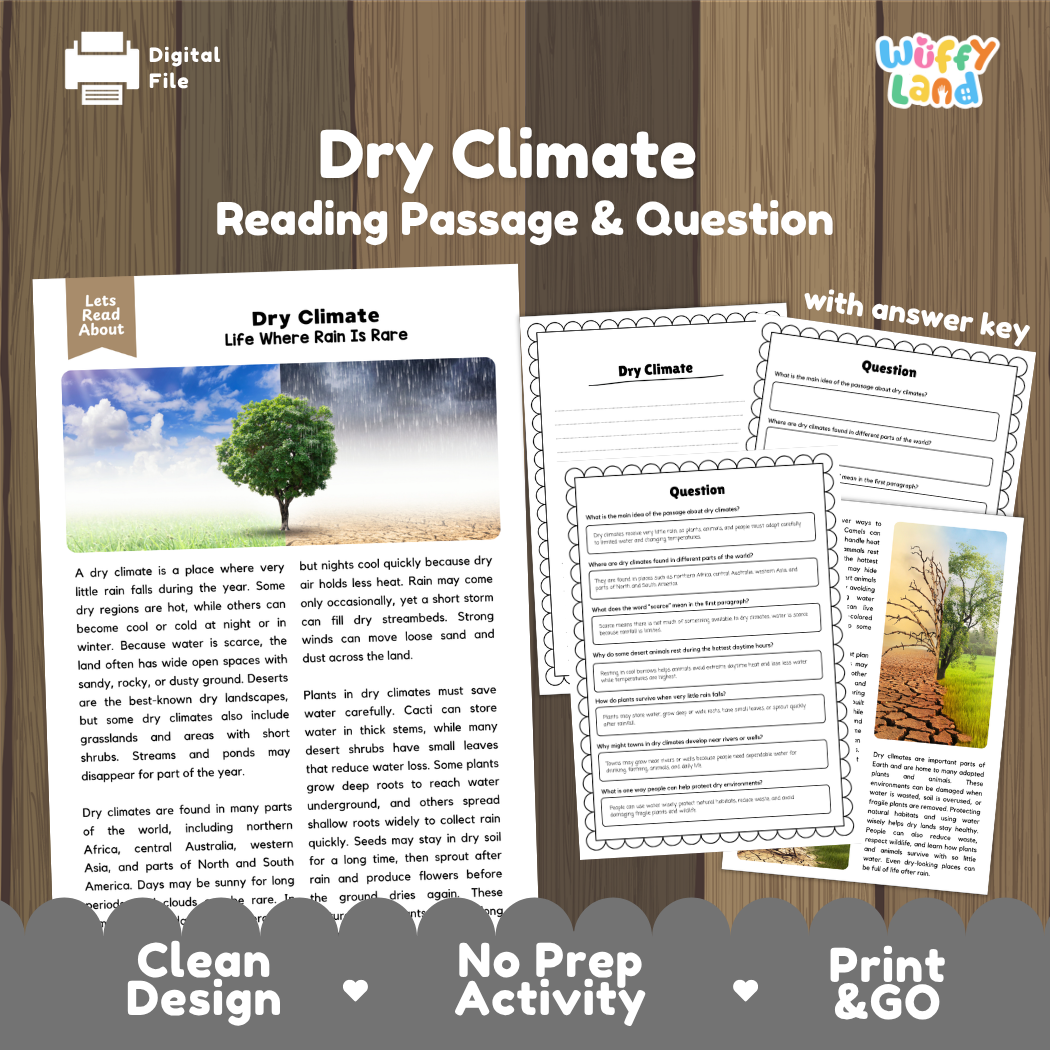 Dry Climate reading comprehension passage and questions printable activity pack with answer key for elementary students