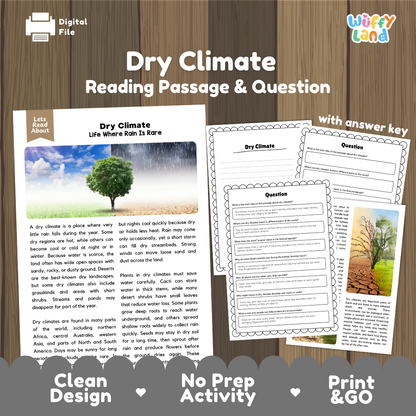 Dry Climate reading comprehension passage and questions printable activity pack with answer key for elementary students