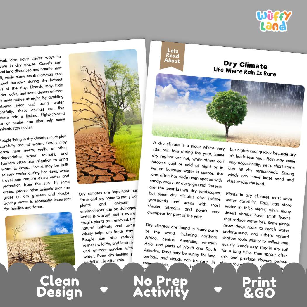 Teacher answer key page showing complete question solutions for Dry Climate Earth science and geography reading comprehension practice