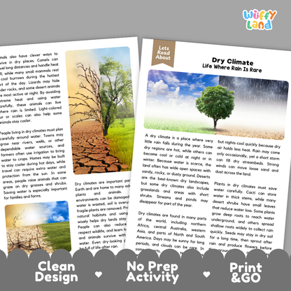 Teacher answer key page showing complete question solutions for Dry Climate Earth science and geography reading comprehension practice