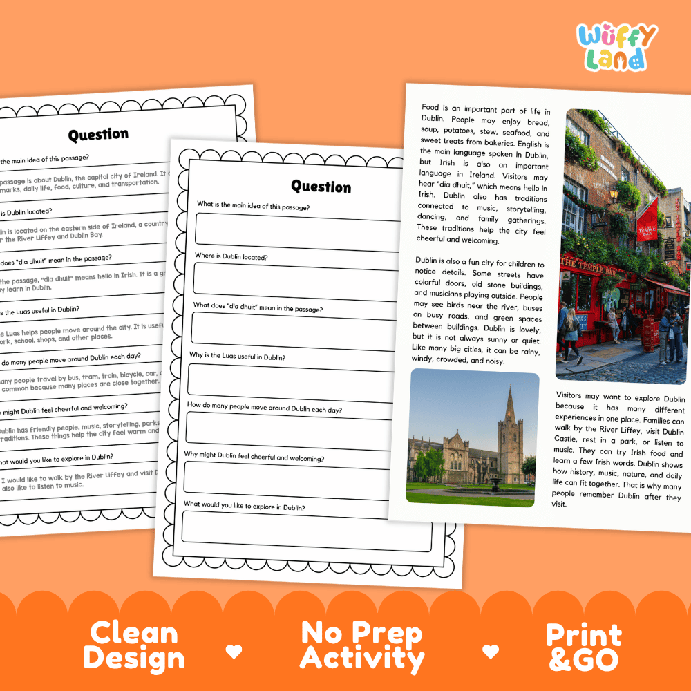 Student reading passage titled A Friendly City of Stories detailing Dublin Ireland Hapenny Bridge Trinity College Luas tram and city photography