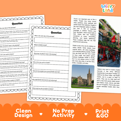 Student reading passage titled A Friendly City of Stories detailing Dublin Ireland Hapenny Bridge Trinity College Luas tram and city photography
