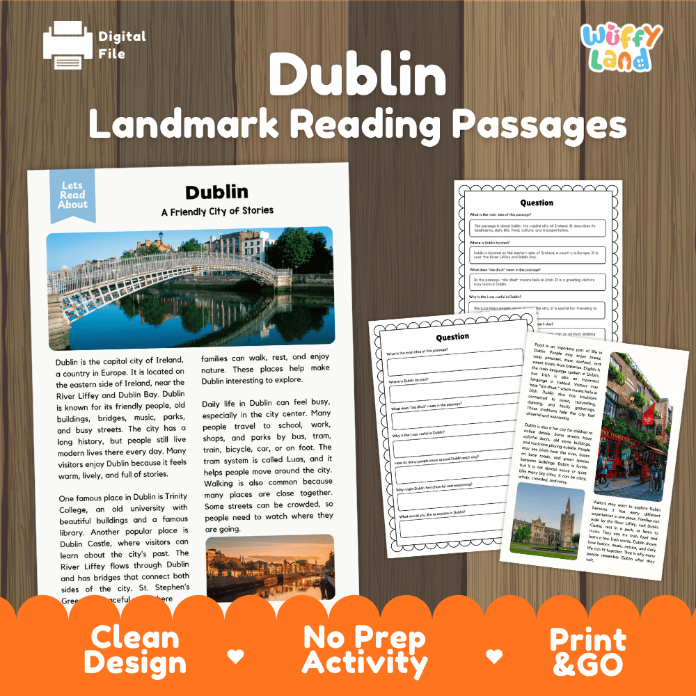 Dublin landmark reading passage and comprehension worksheet educational unit featuring nonfiction text and authentic Irish bridge photography