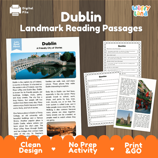 Dublin landmark reading passage and comprehension worksheet educational unit featuring nonfiction text and authentic Irish bridge photography