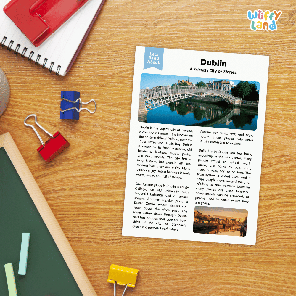 Lined reading comprehension question worksheet covering main ideas vocabulary terms and landmark facts about Dublin Ireland