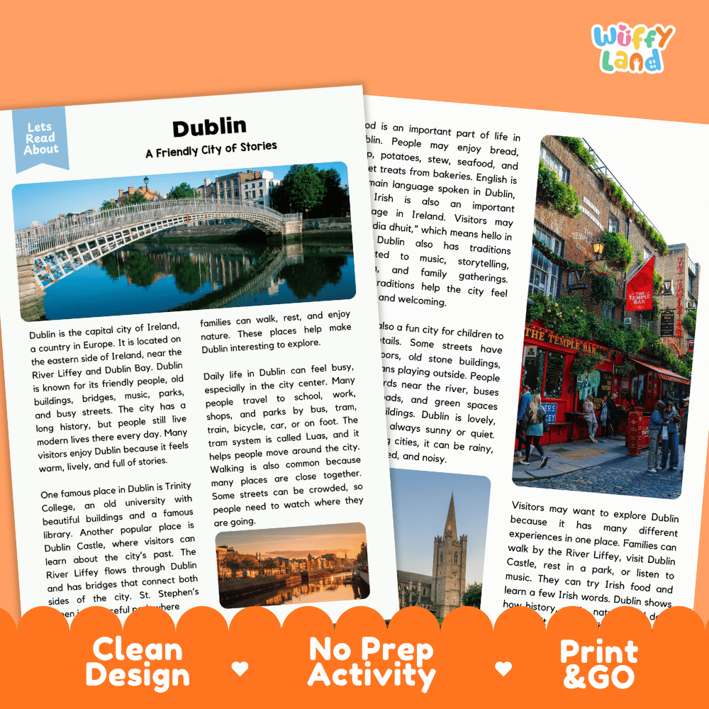 Reference sheet and answer key for Dublin landmark reading passage displaying completed comprehension answers and European geography facts
