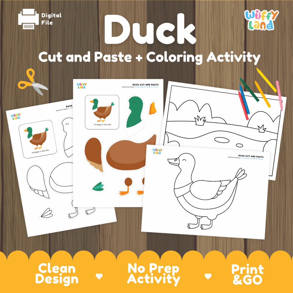 Duck Cut and Paste Craft and Coloring Activity Worksheets
