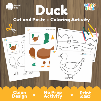 Duck Cut and Paste Craft and Coloring Activity Worksheets