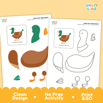 Duck Cut and Paste Craft and Coloring Activity Worksheets