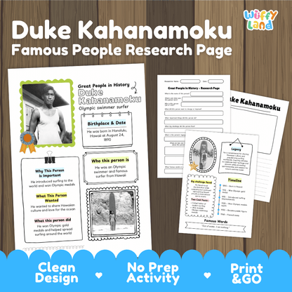 Duke Kahanamoku biography research worksheets pack featuring graphic organizers, timeline activity, and student writing template