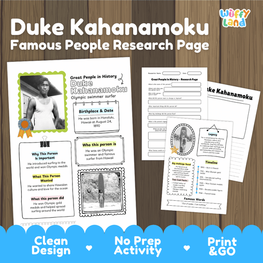 Duke Kahanamoku biography research worksheets pack featuring graphic organizers, timeline activity, and student writing template