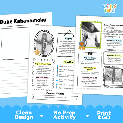 Great People in History student fact profile card detailing Duke Kahanamoku's birthplace, Olympic medals, and surfing legacy