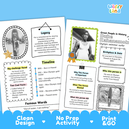 Educational biography summary worksheet featuring a chronological timeline, famous quote, and lined student writing page