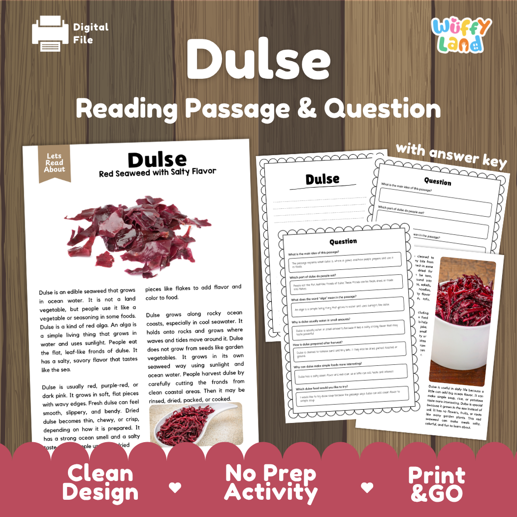 Dulse reading comprehension passage and questions printable activity pack with answer key for elementary students
