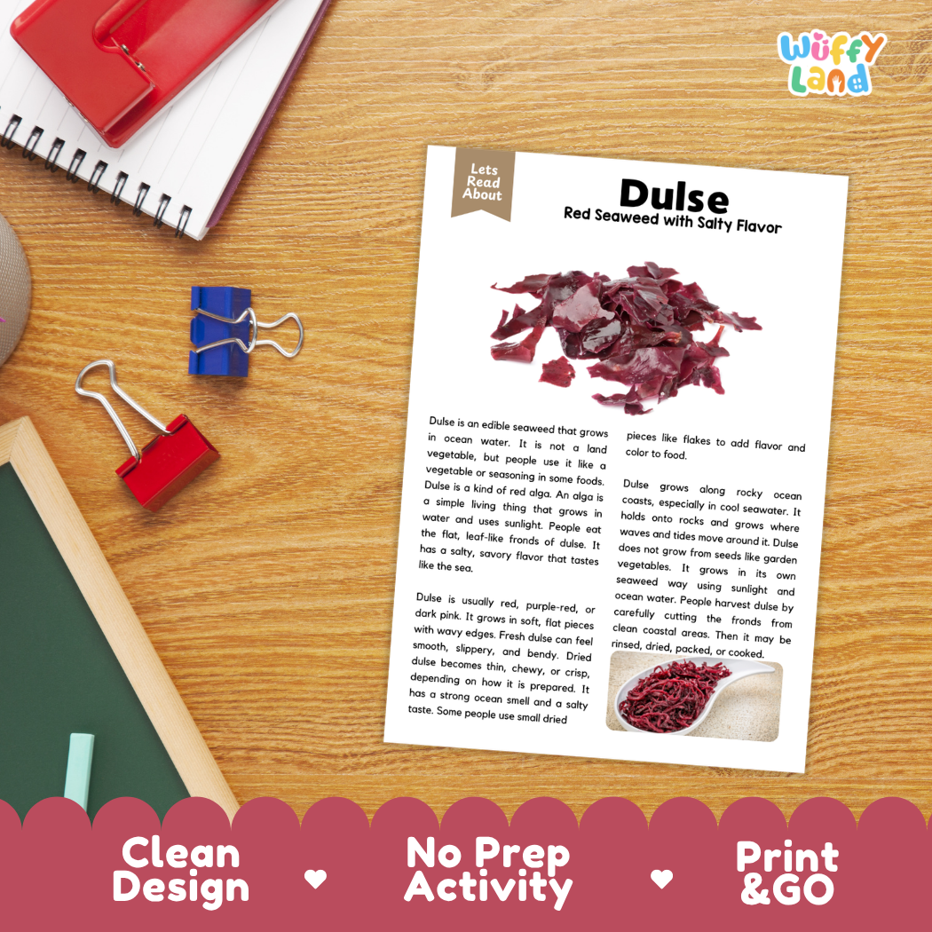 Student reading comprehension worksheet with short-answer questions and lined sections about dulse marine algae