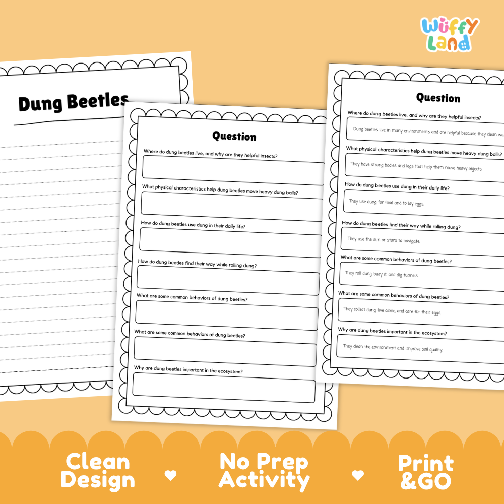 Three printable activity sheets for a 'Dung Beetles' science lesson, displayed on a warm orange background with decorative scalloped borders. The sheets feature black text on white paper with scalloped borders and question prompts.